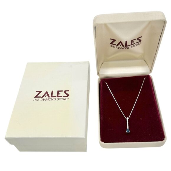 Zales Necklace 14kt White Gold Blue Sapphire and Diamonds Pendant 18 inch in Box - Picture 2 of 4
